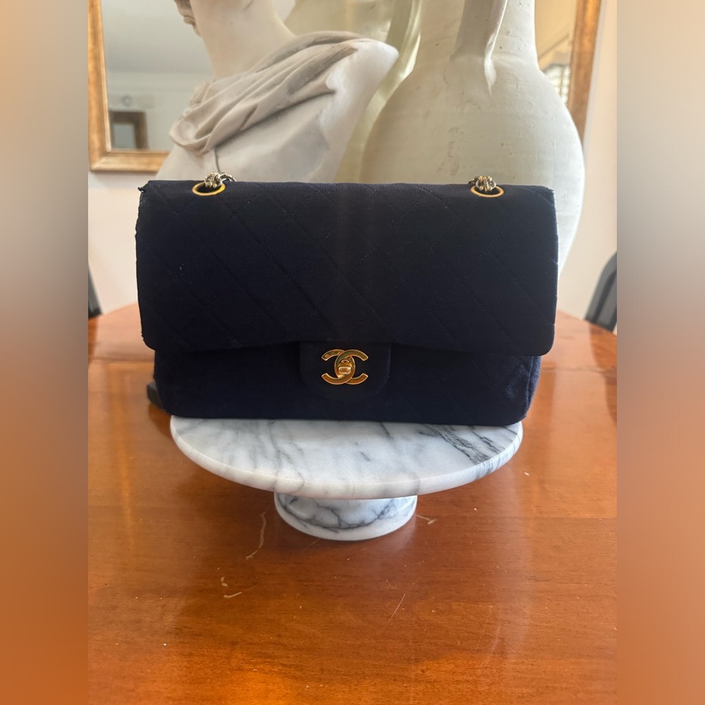 Authentic Chanel Jersey Double Chain Flap  Matelasse Navy